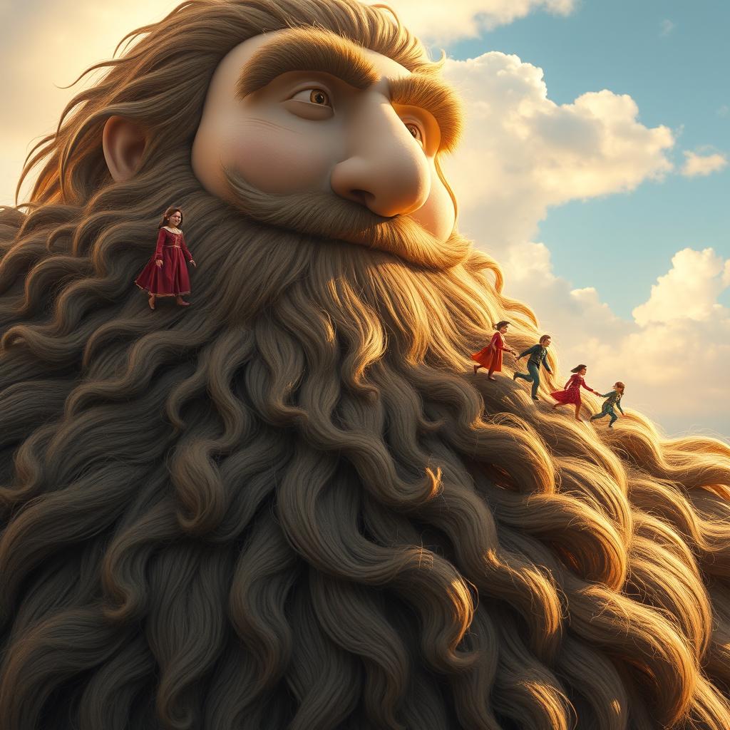 A whimsical and surreal scene depicting a group of tiny people walking on the thick, majestic beard of a giant