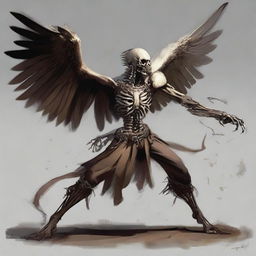 A powerful bird-human hybrid engaging in fierce combat with a skeletal adversary using nothing but his bare hands.