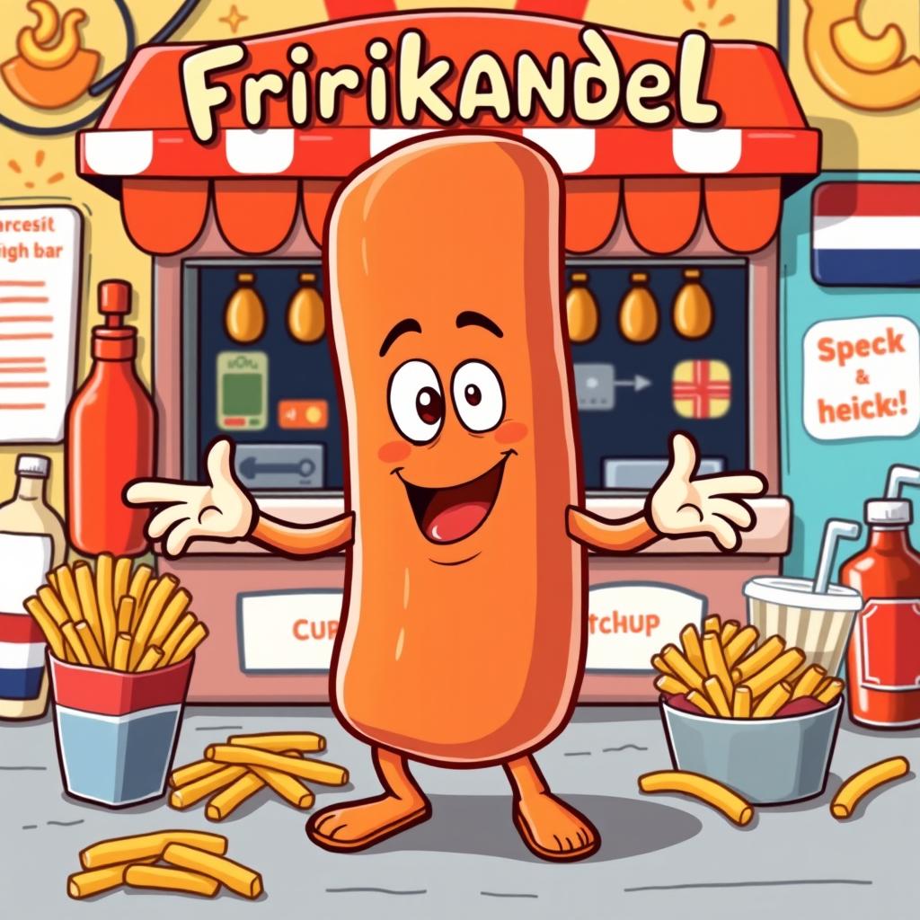 A creative and humorous depiction of a frikandel character, showcasing the frikandel sausage with arms and legs, wearing a playful expression