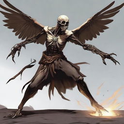 A powerful bird-human hybrid engaging in fierce combat with a skeletal adversary using nothing but his bare hands.