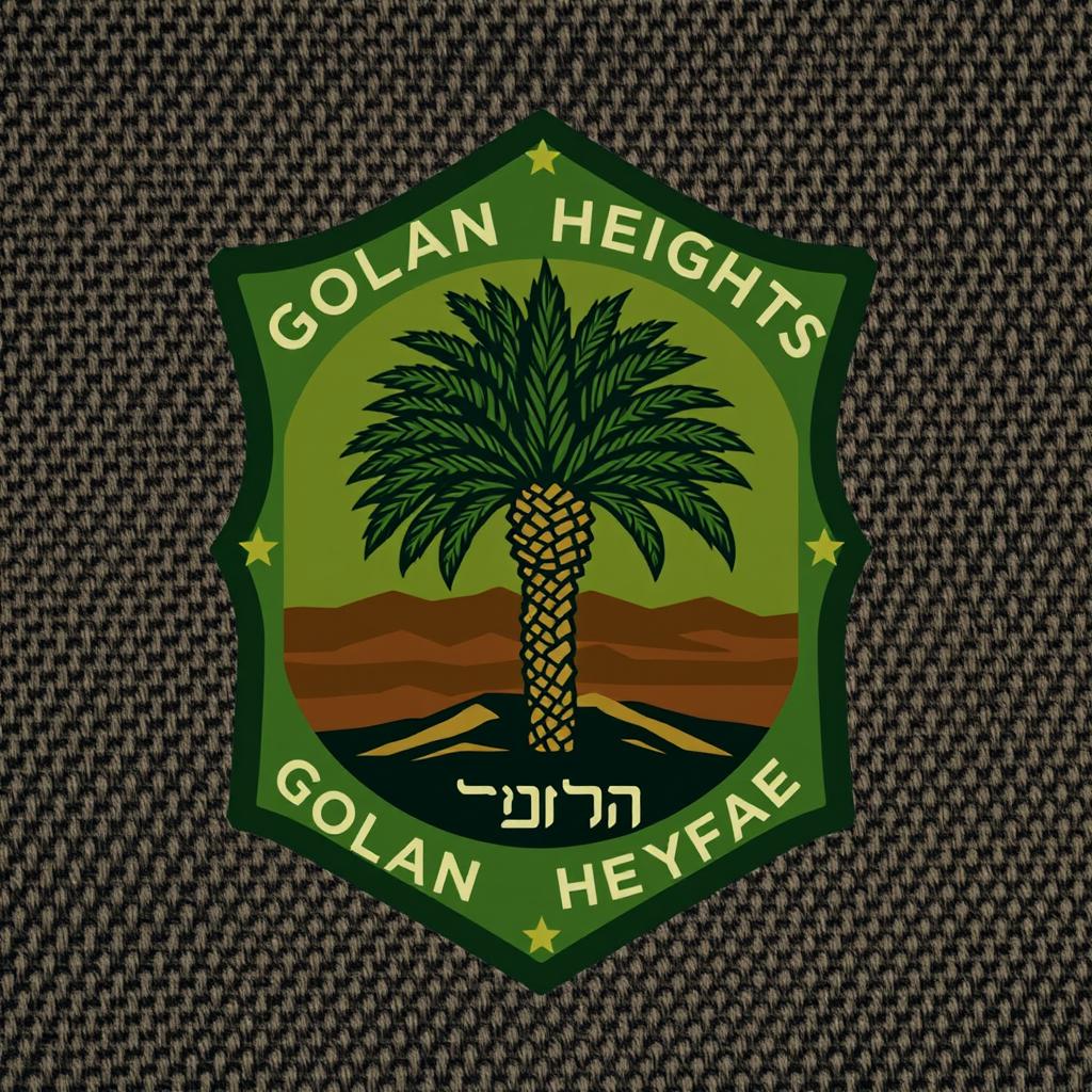 An emblem or tag design inspired by the Golan Heights brigade insignia, featuring a palm tree instead of an oak tree