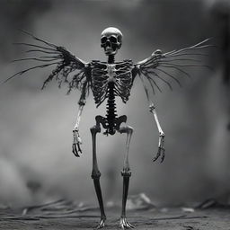 An eerily captivating image of a skeletal figure possessing birdlike characteristics.