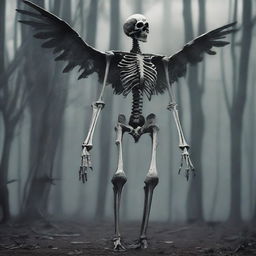 An eerily captivating image of a skeletal figure possessing birdlike characteristics.