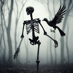 An eerily captivating image of a skeletal figure possessing birdlike characteristics.