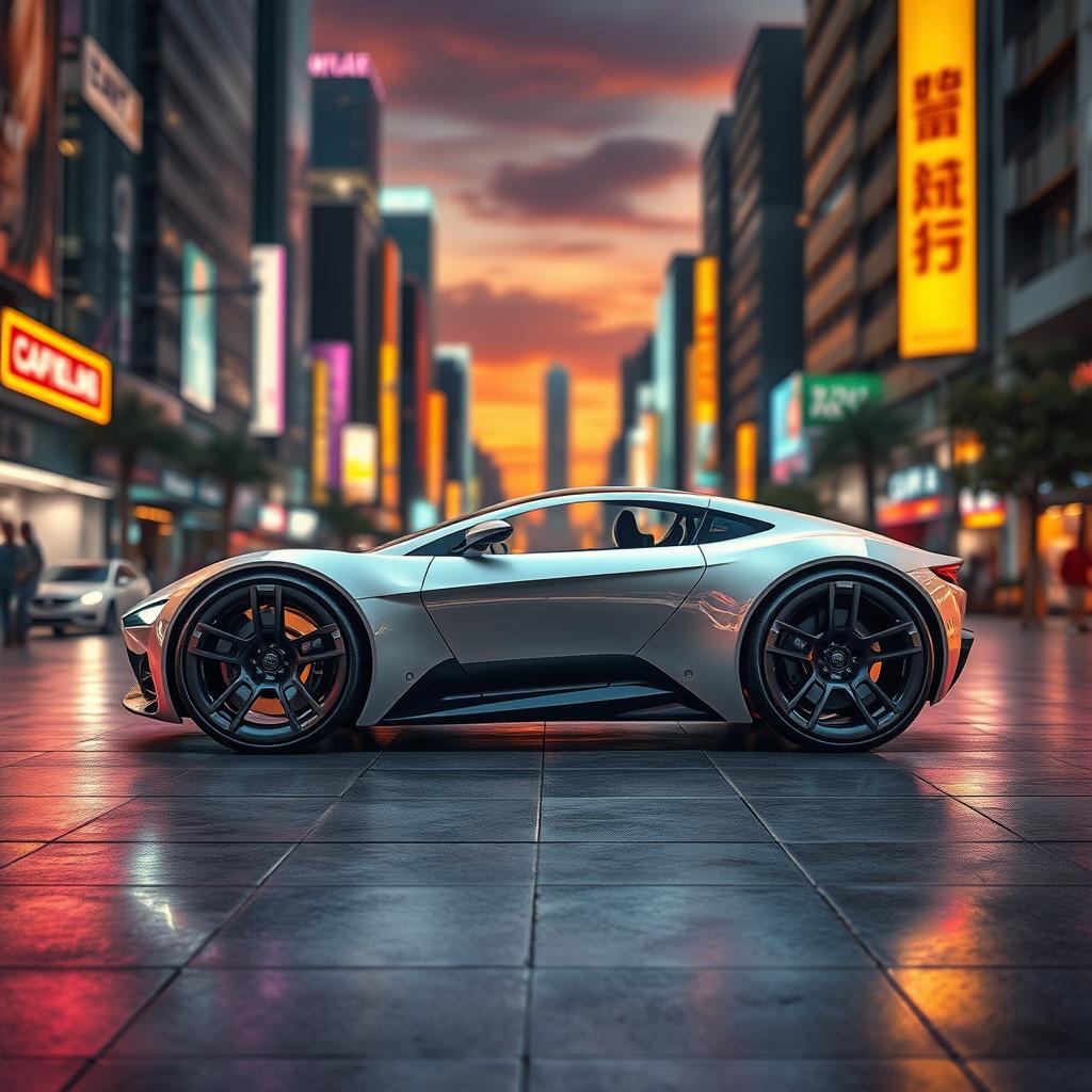 A visually striking image of a futuristic car design, focusing solely on the wheels and the ground directly beneath them