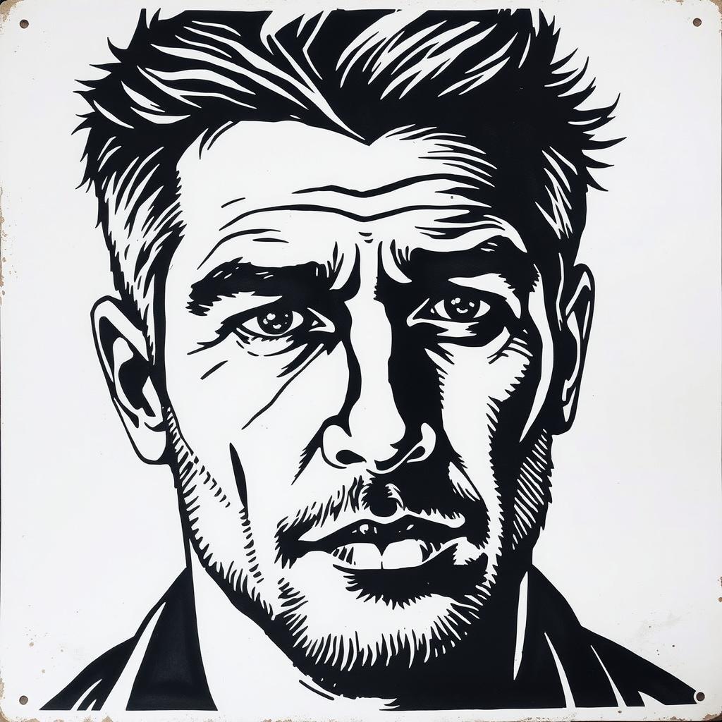 A detailed stencil art of a man's face, capturing intricate lines and shading to create a striking contrast