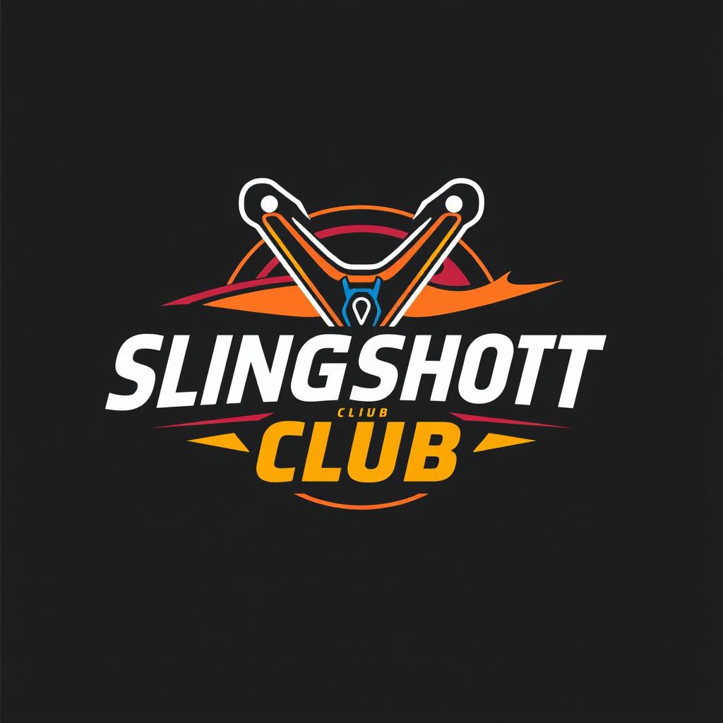 A modern and dynamic logo design for a slingshot club, featuring a stylized slingshot in the center, surrounded by vibrant colors and motion lines that suggest speed and action