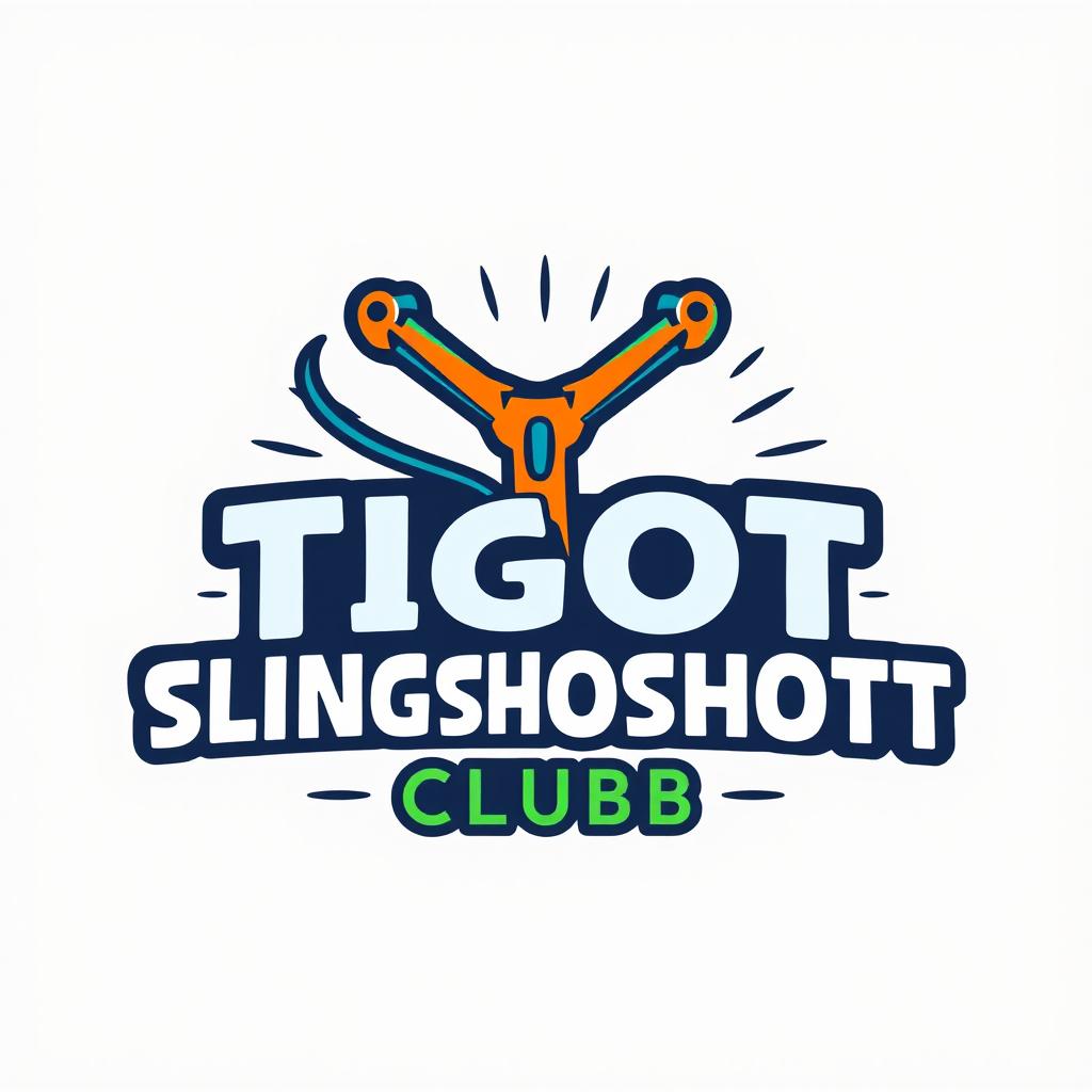 A creative and vibrant logo for the 'Tigot Slingshot Club', featuring a stylized slingshot at its center, surrounded by dynamic lines that suggest motion and excitement
