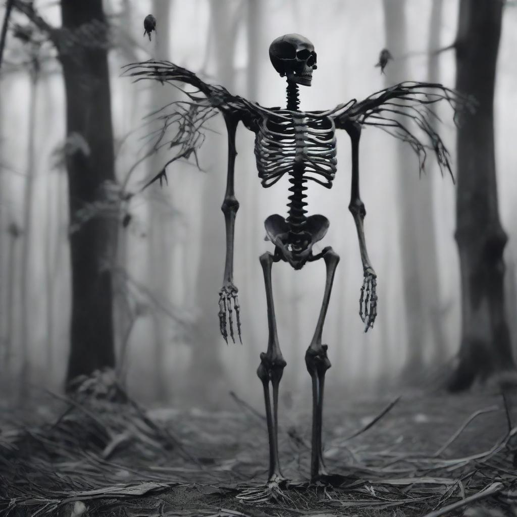 An eerily captivating image of a skeletal figure possessing birdlike characteristics.