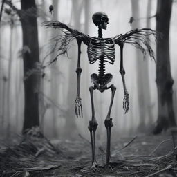 An eerily captivating image of a skeletal figure possessing birdlike characteristics.