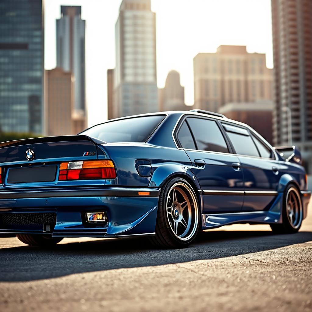 A stunning BMW E34 M5, showcasing its sleek design and iconic body lines, parked in an urban environment