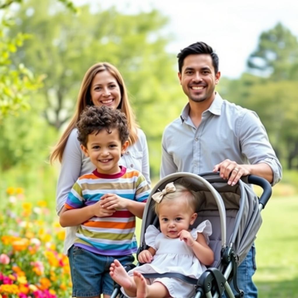 A family portrait featuring a happy family of four in a bright and cheerful setting