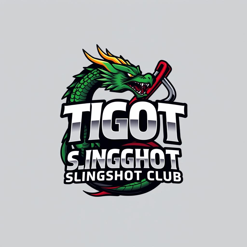 A dynamic and eye-catching logo for the 'TIGOT SLINGSHOT CLUB', featuring a fierce dragon intertwined with a slingshot