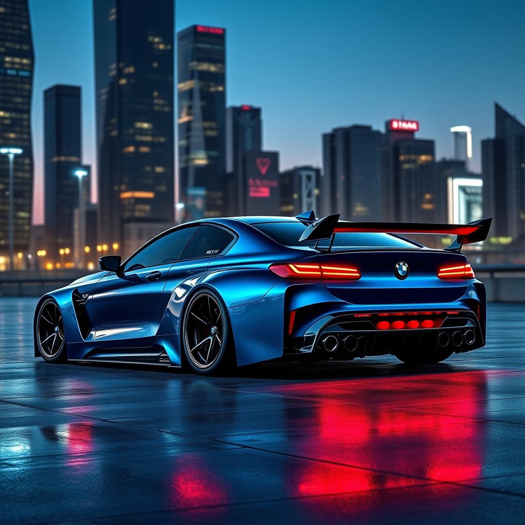 A futuristic concept car based on the BMW M5, featuring sleek and aggressive tuning modifications from the years 1990 to 2040