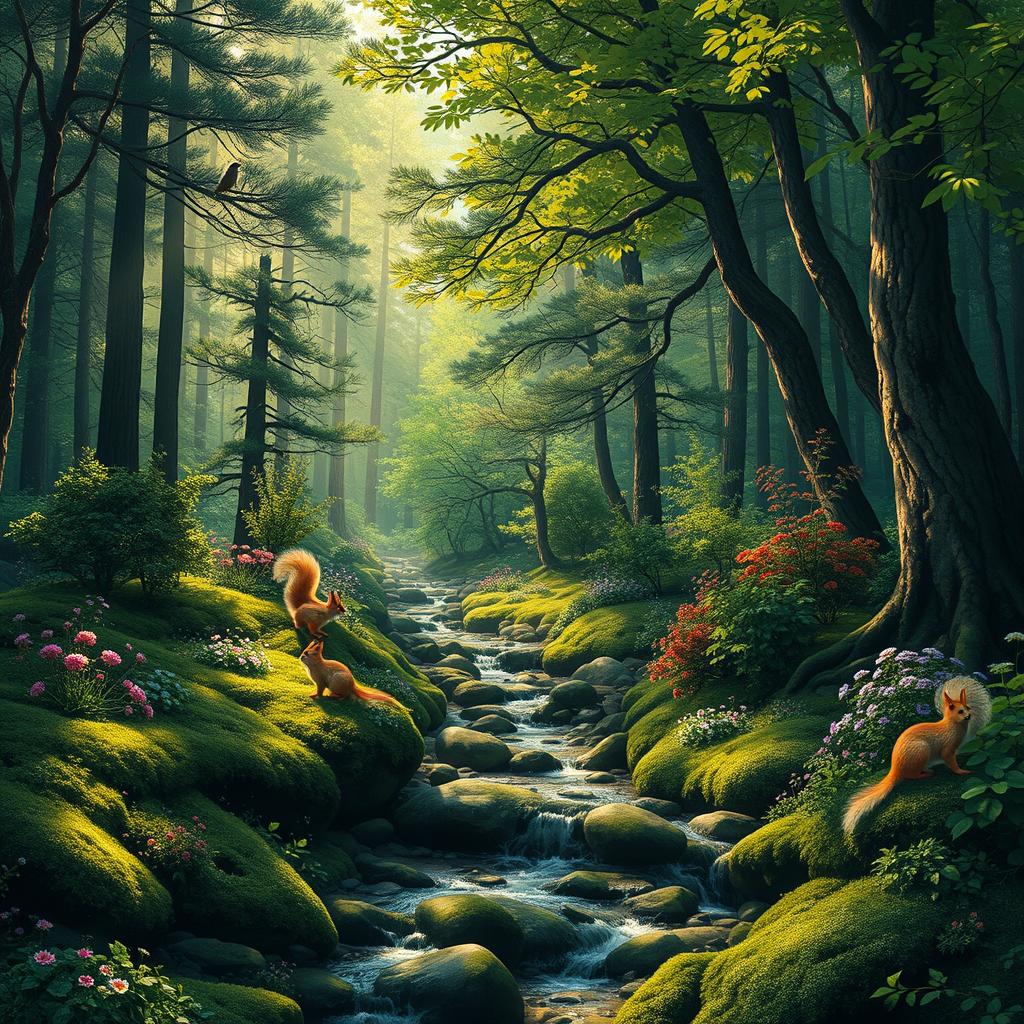 A lush, vibrant forest filled with a variety of trees such as towering pine trees, broad-leaved oaks, and colorful flowering plants