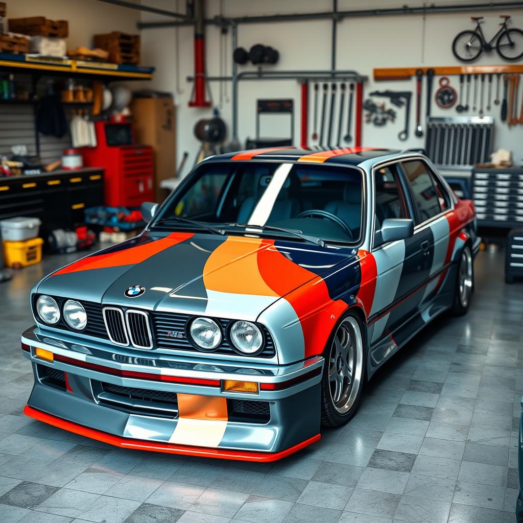 A classic 1990 BMW M5 in a tuning garage, showcasing a stunning custom paint job with vibrant racing stripes