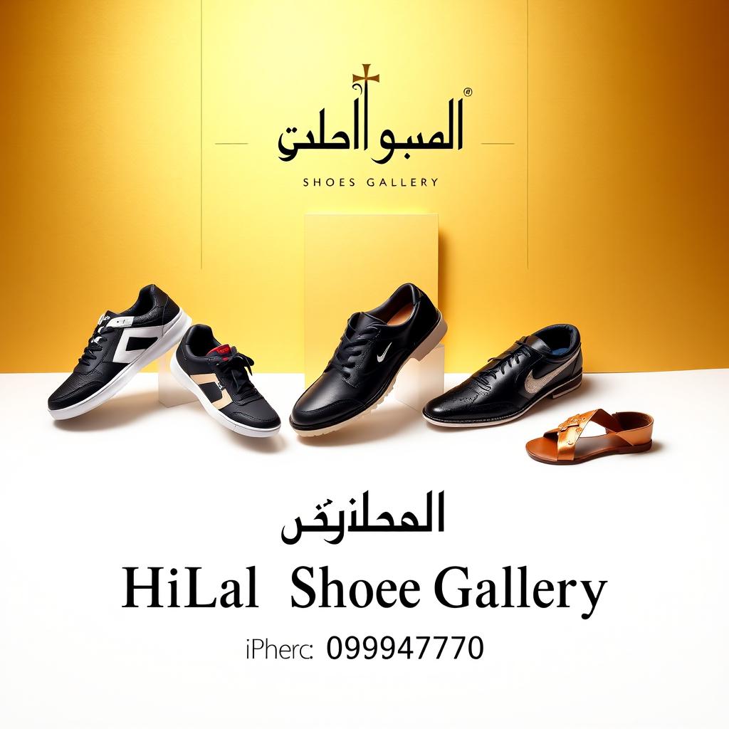 A professional and luxurious poster design for 'HiLal Shoes Gallery' featuring modern shoe models including sneakers, formal shoes, and sandals, elegantly arranged on a sophisticated gold and white background