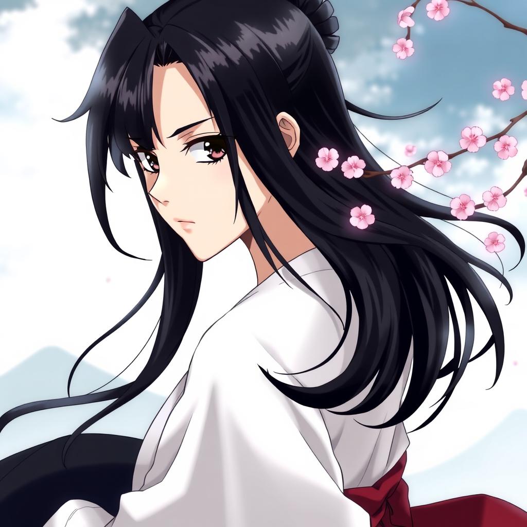 A striking character design of Kuciki Rukia from the anime 'Bleach', featuring her iconic long black hair styled elegantly, piercing dark eyes, and wearing her traditional Soul Reaper outfit, which includes a flowing black haori over a white kimono