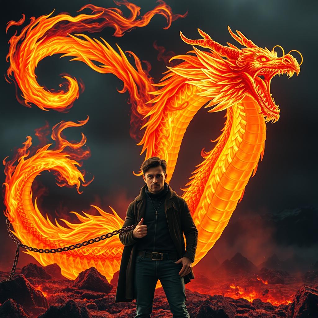 A mesmerizing fire dragon formed from swirling flames, its scales glowing intensely in shades of orange, red, and yellow, curling and twisting in the air