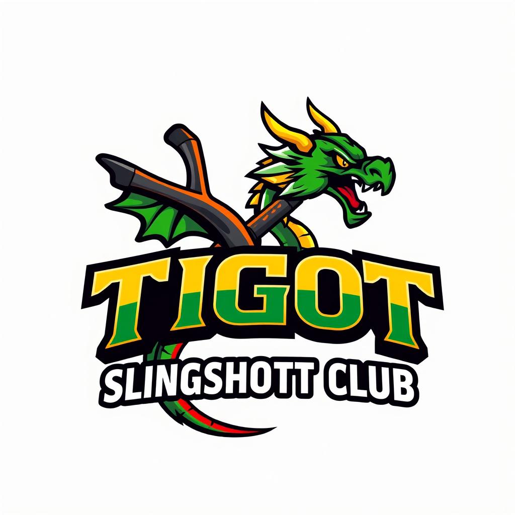 A striking and dynamic logo for the 'Tigot Slingshot Club' featuring a combination of a slingshot and a dragon