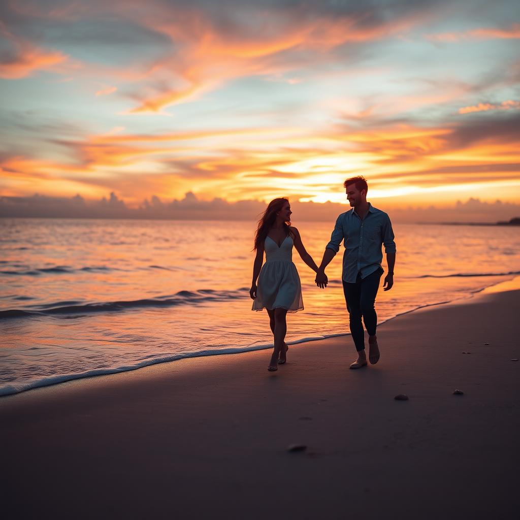 A beautifully staged photo of a serene beach at sunset, with gentle waves lapping at the shore
