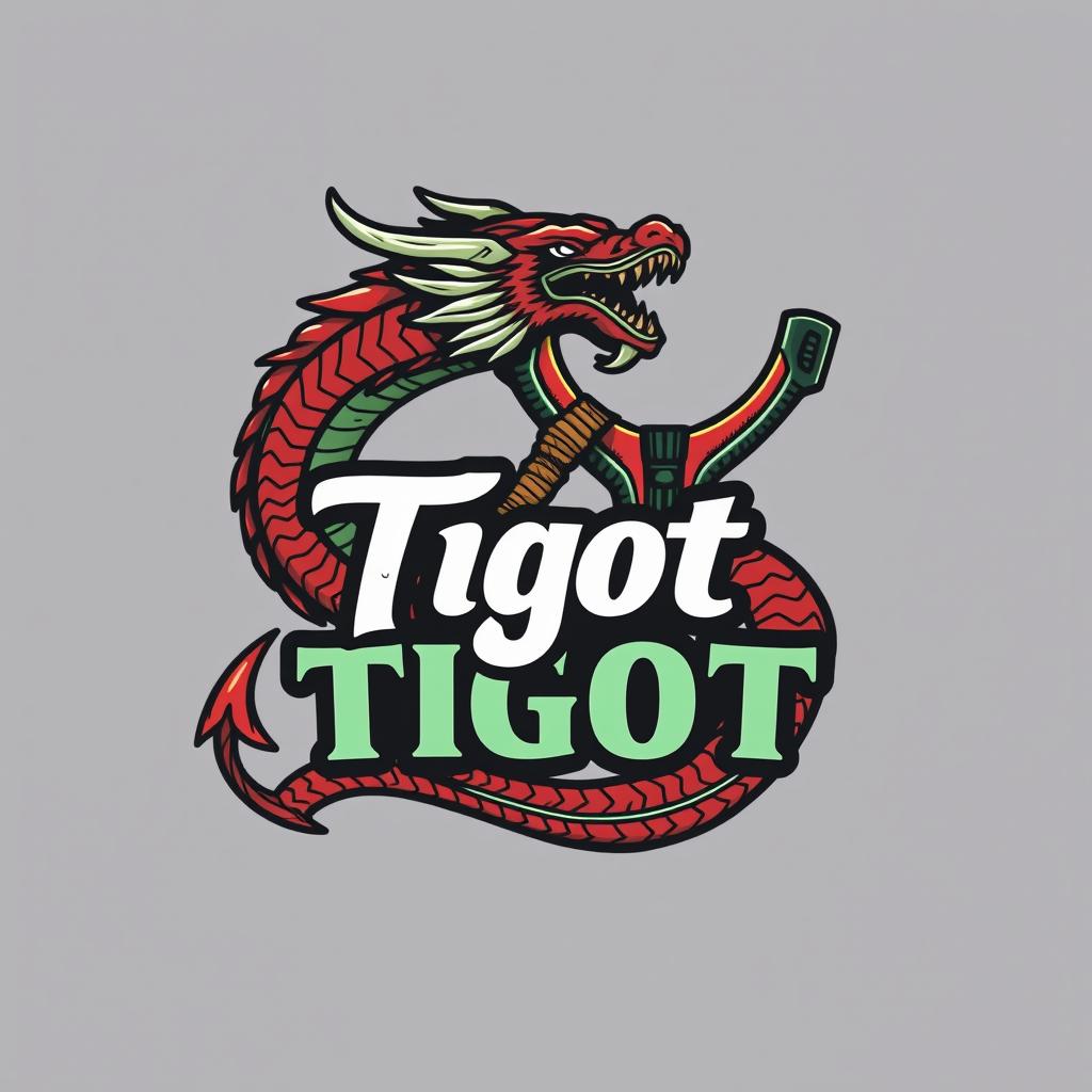 A creative and dynamic logo design for the "Tigot Slingshot Club" featuring a slingshot intertwined with a dragon