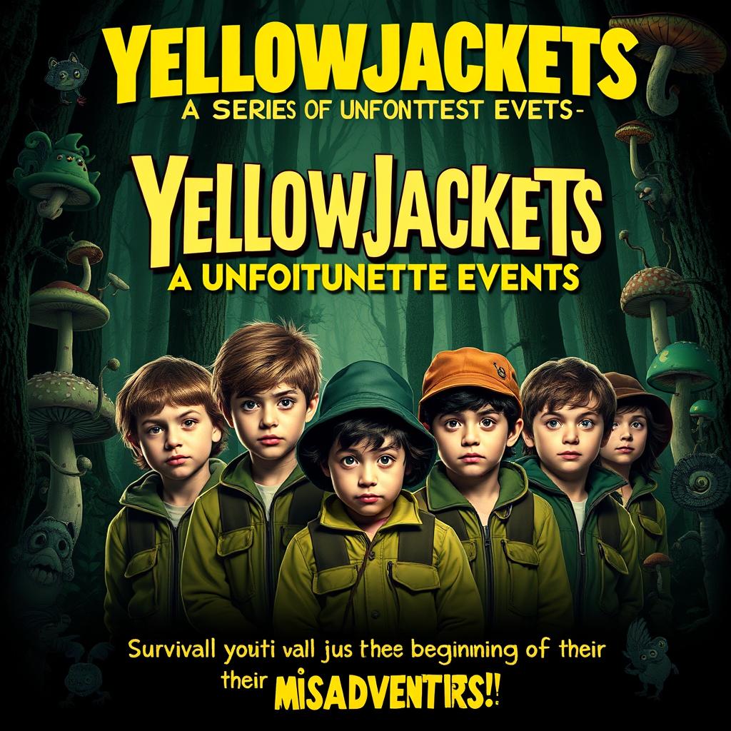 A parody poster for a fictional crossover show titled 'Yellowjackets: A Series of Unfortunate Events'