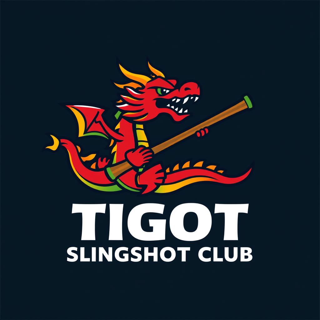 A vibrant and dynamic logo design for the 'Tigot Slingshot Club' featuring a stylized dragon in slingshot form