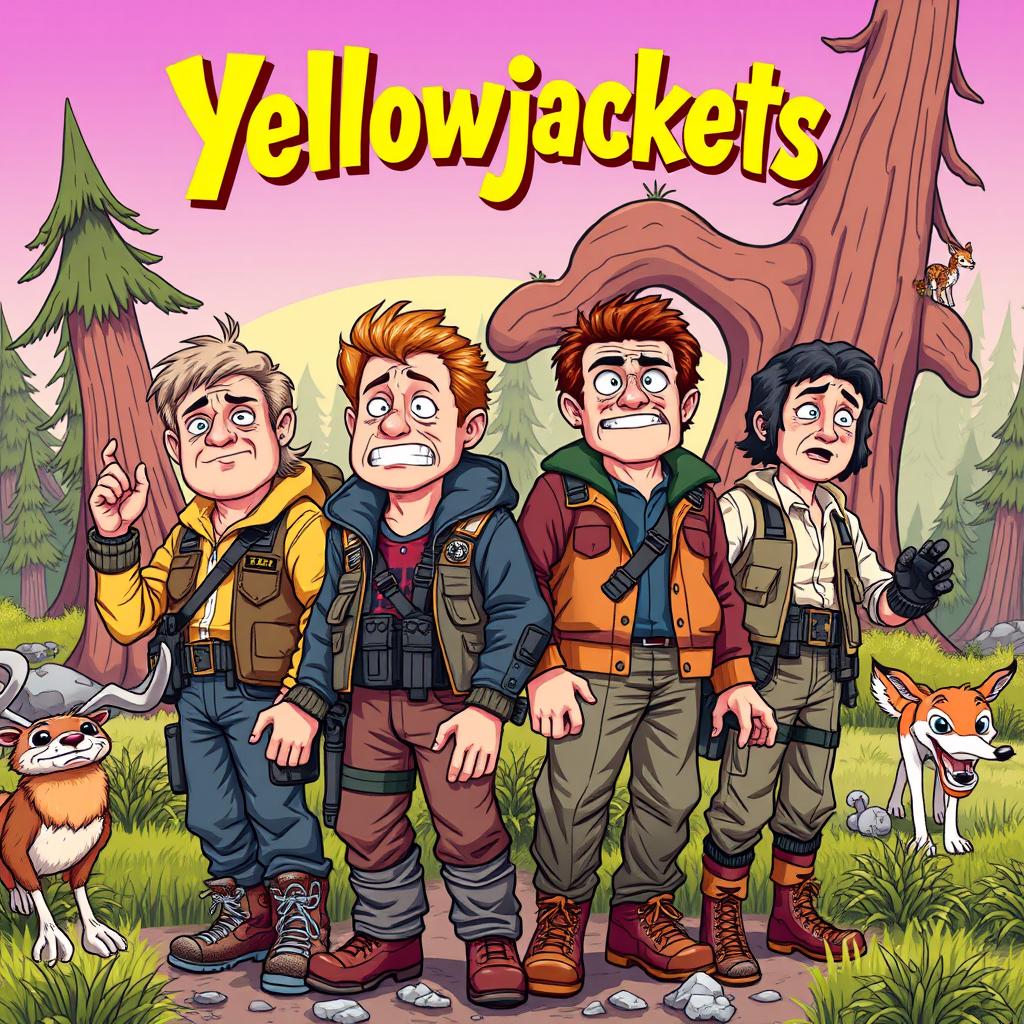 A parody poster of the TV show 'Yellowjackets', featuring four main characters depicted in a humorous and exaggerated style