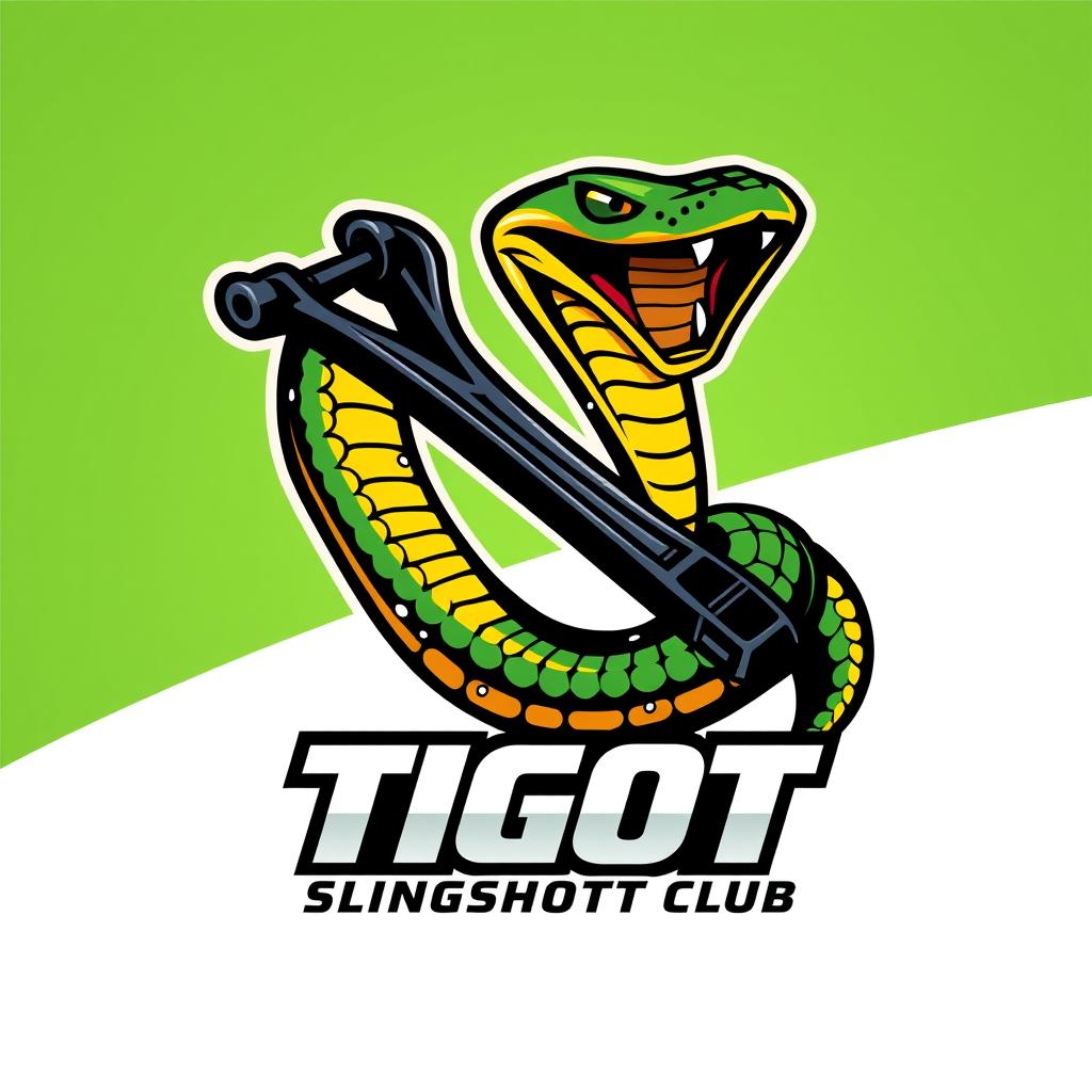 A vibrant and dynamic logo design for the 'Tigot Slingshot Club', featuring a stylized slingshot in the form of a cobra, characterized by a sleek and agile pose