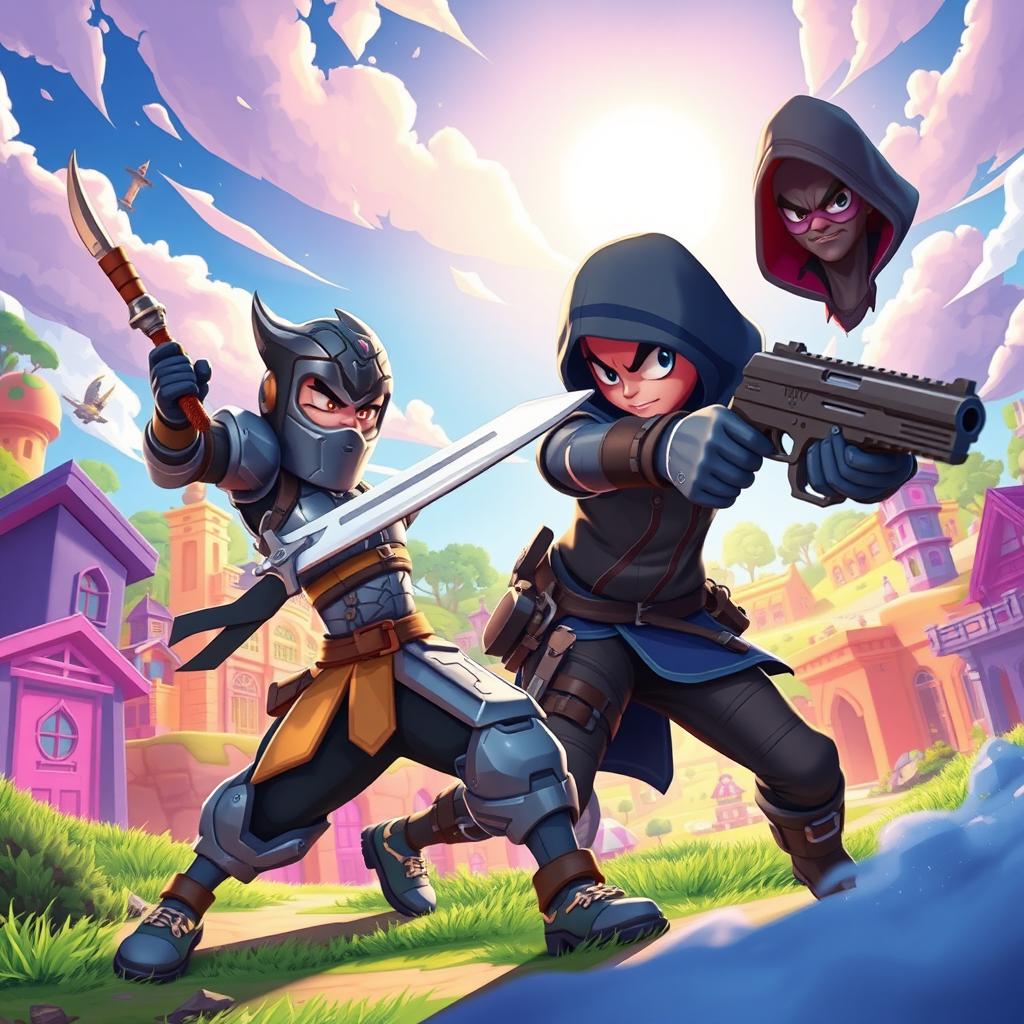 A dynamic scene of two Fortnite characters in a 1v1 battle