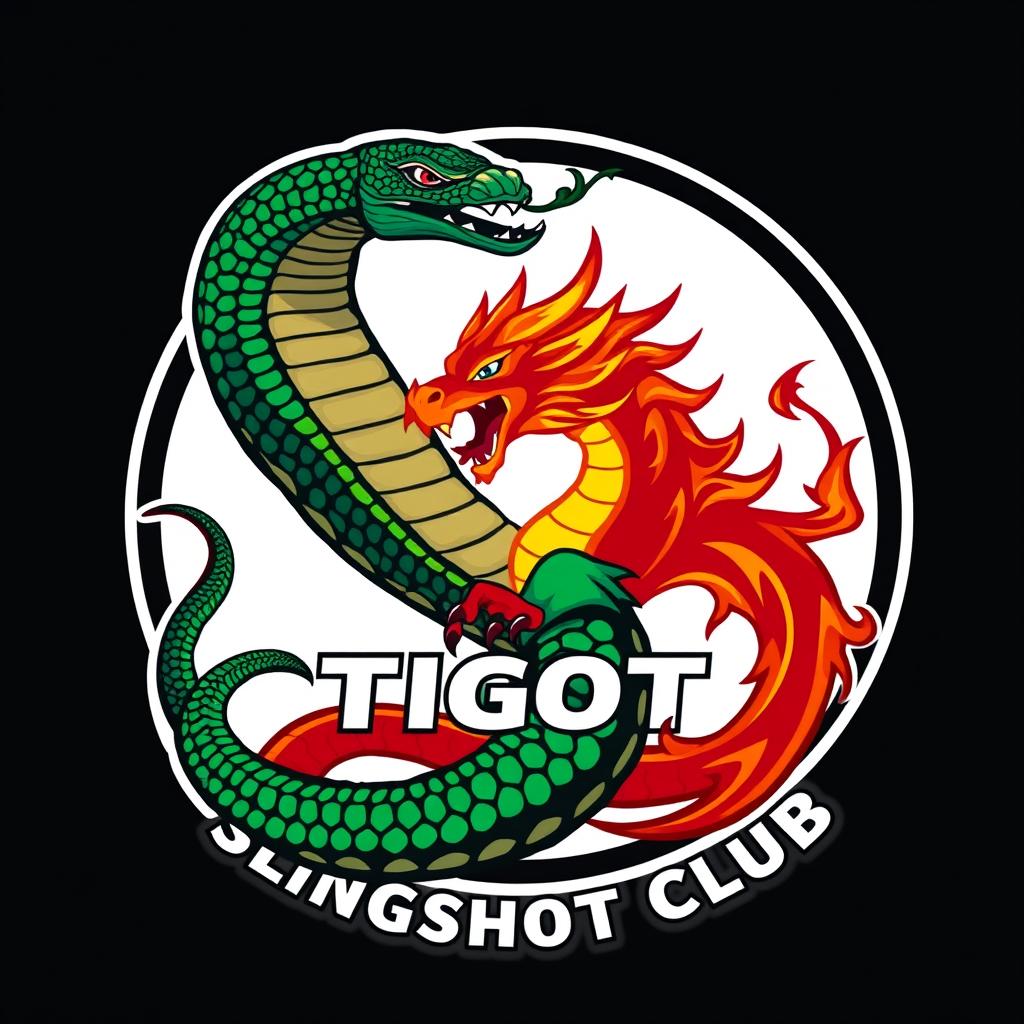 A captivating and dynamic logo for the Tigot Slingshot Club, featuring a fierce cobra coiling around a majestic dragon in a battle-like stance