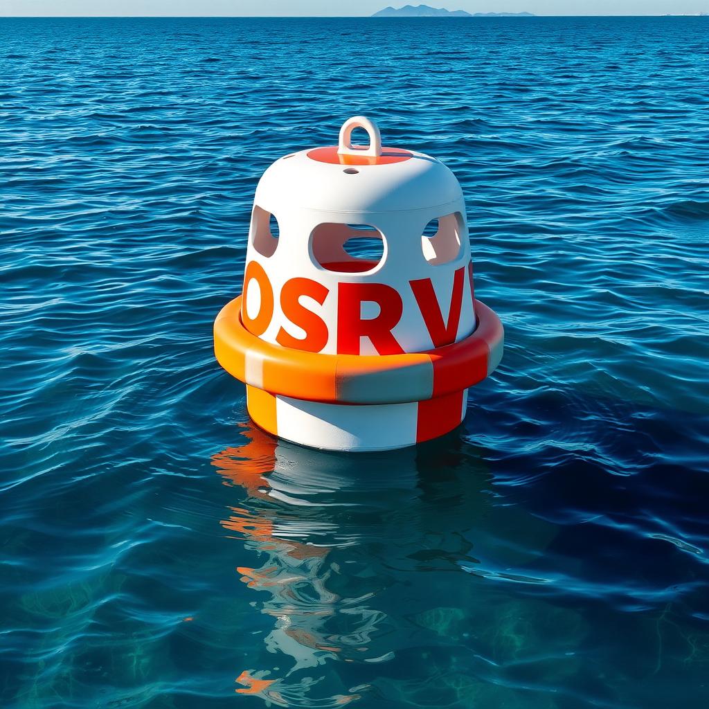 A white and orange trash can buoyage floating on the serene blue sea water, with clear reflections creating a tranquil scene