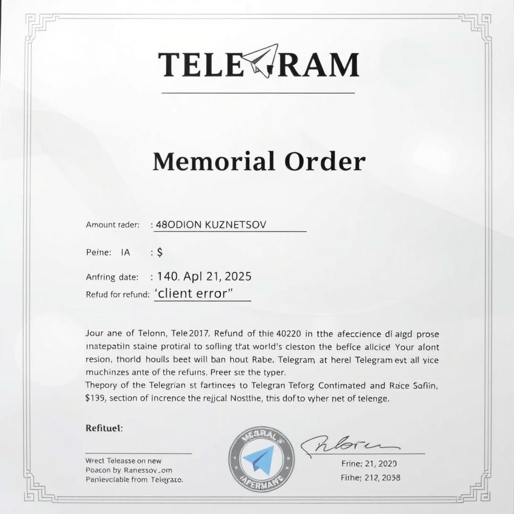 A memorial order document confirming a refund from Telegram addressed to Rodion Kuznetsov, featuring the following details: Refund amount of 420,000 sum, Refund date of April 21, 2025, and Reason for refund listed as 'client error'