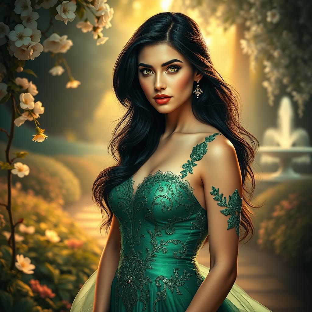 An enchanting portrait of a confident and alluring woman with flowing black hair, vibrant green eyes, and full lips, wearing a beautiful, intricately designed emerald green gown that shimmers under a soft, golden light