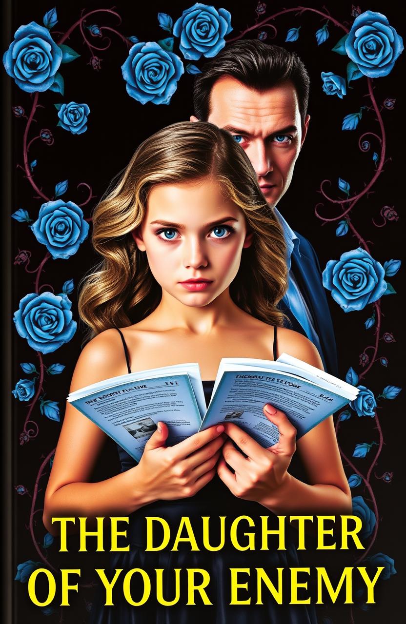 A dramatic book cover featuring a black background adorned with vivid blue roses and intricate vines with thorns