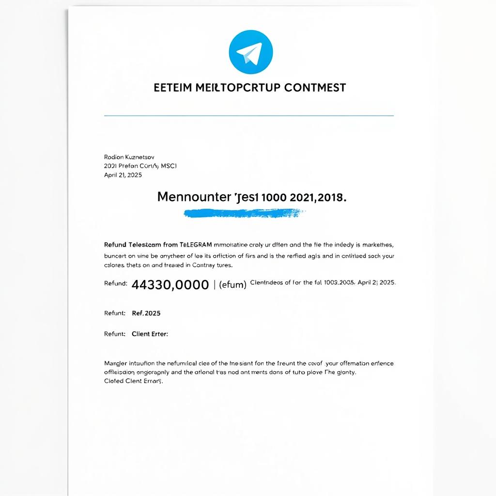 A professional and official-looking document titled 'Memorial Order of Refund Confirmation from Telegram' addressed to Rodion Kuznetsov