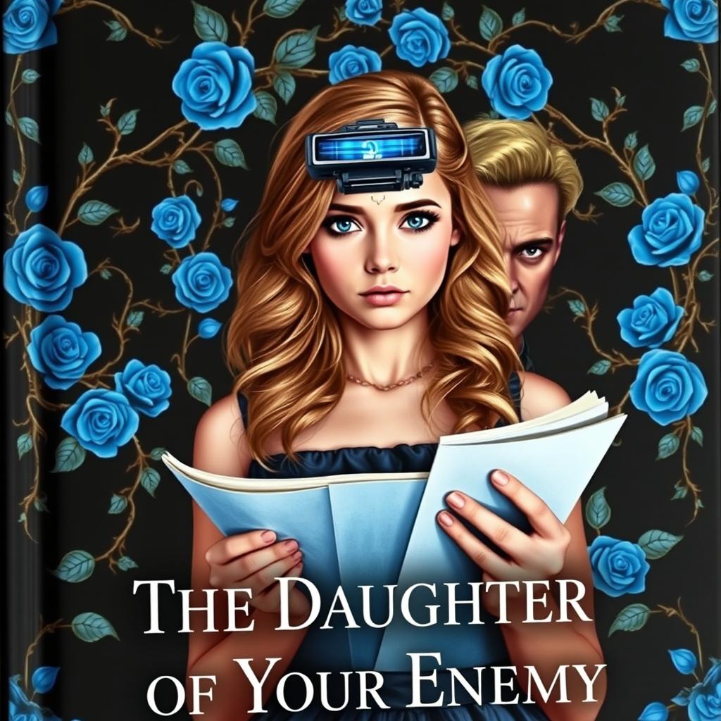 A captivating book cover featuring a black background embellished with vibrant blue roses and intricate vines armed with thorns