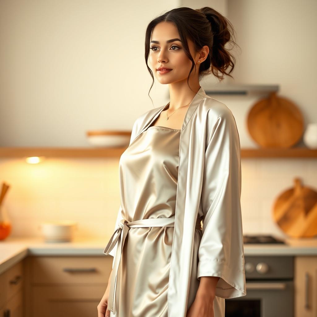 A beautiful woman wearing a sleek nylon apron over a flowing satin robe, standing gracefully in a softly lit kitchen