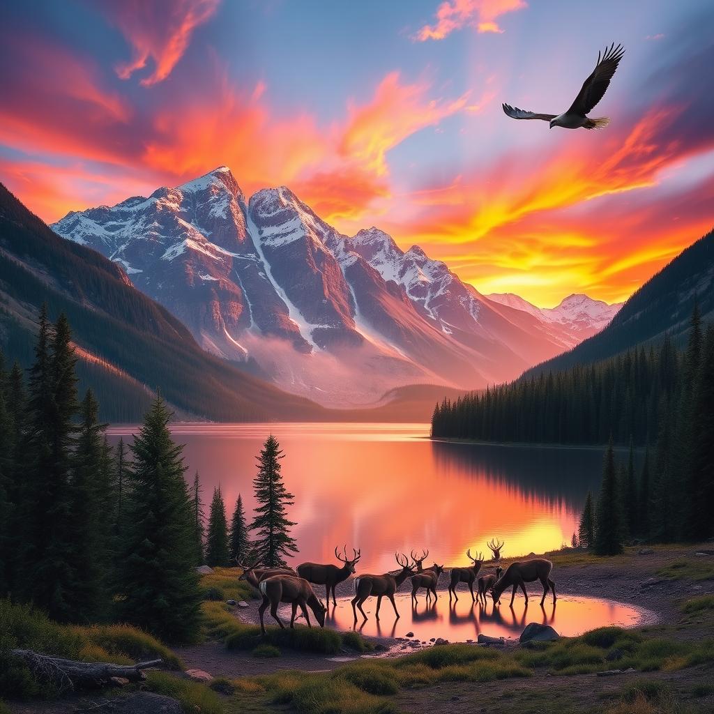 A majestic mountain landscape during sunset, with vibrant orange and pink hues illuminating the sky
