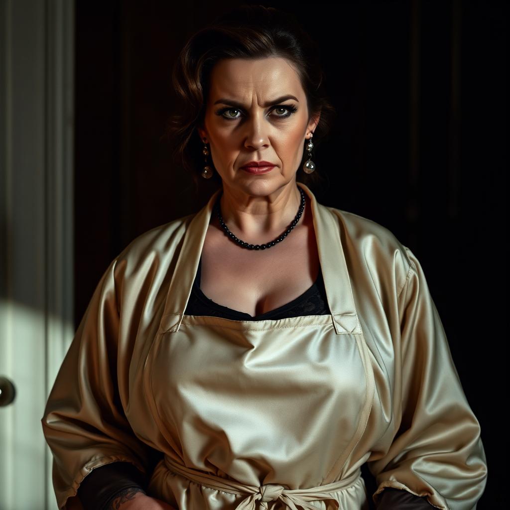 A woman wearing a traditional apron over a luxurious satin robe, with a stern and cruel expression on her face, embodying the character of a wicked stepmother