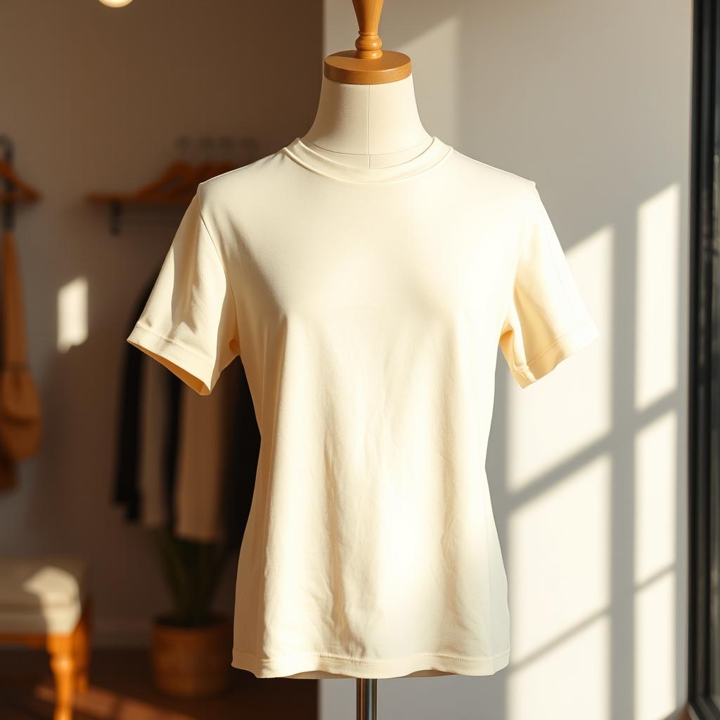 A simple, stylish, and plain cream-colored t-shirt displayed on a mannequin in a well-lit boutique setting
