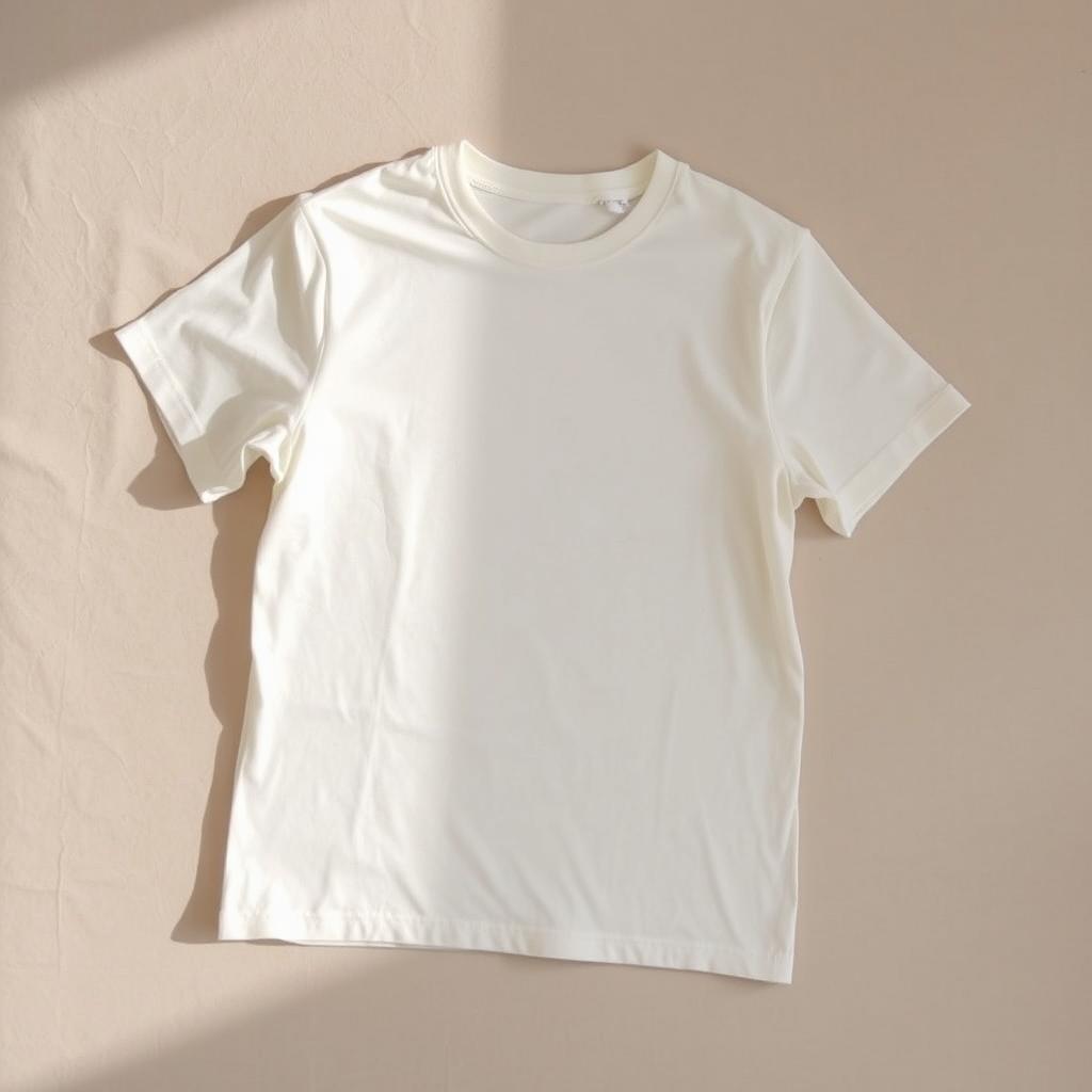 A simple yet stylish cream plain t-shirt laid out on a soft, neutral-toned flat surface