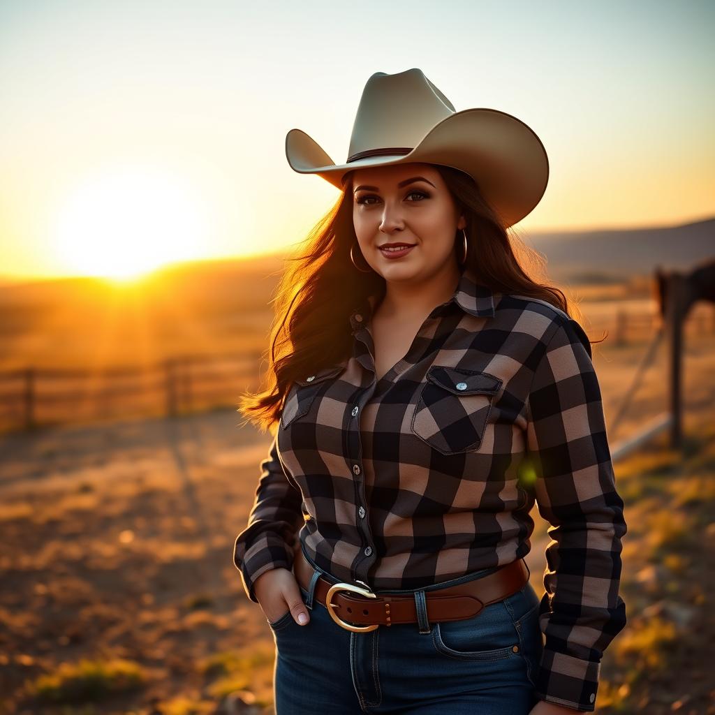 A curvy cowgirl with dark brown hair, around 35 years old, wearing a classic cowgirl hat