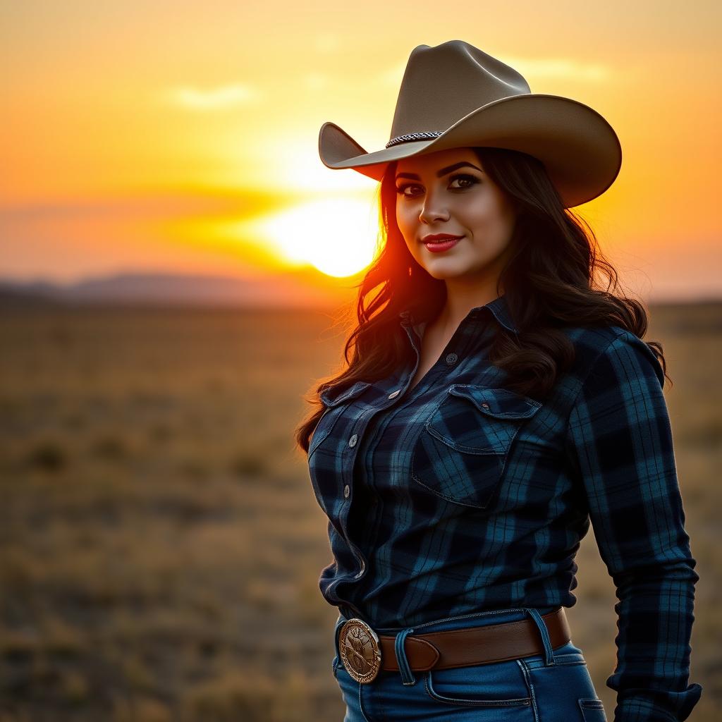 A curvy cowgirl with dark brown hair, looking confident and stylish, wearing a fashionable cowgirl hat