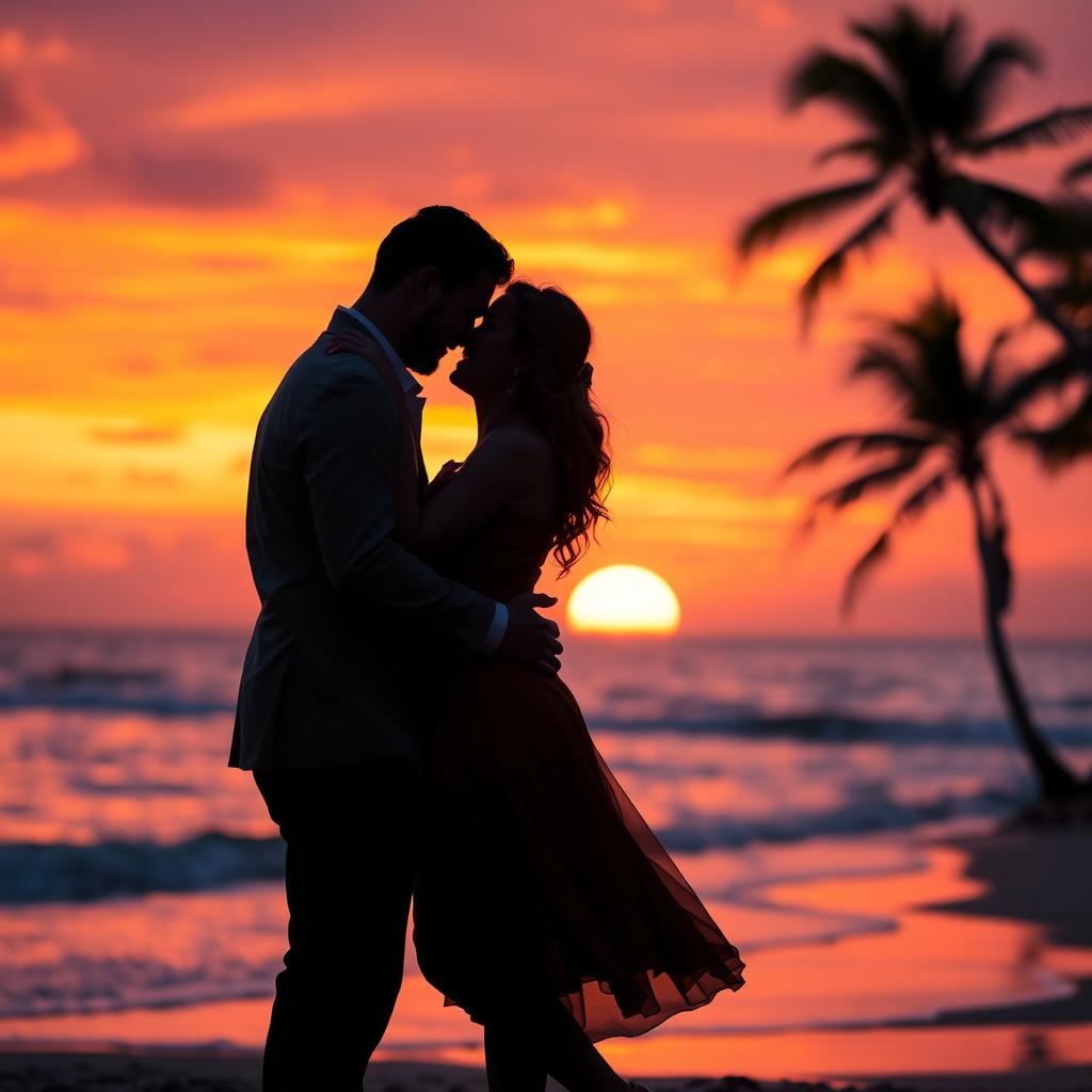 A romantic couple embracing in a beautiful sunset setting, their silhouettes outlined against the vibrant hues of orange, pink, and purple in the sky