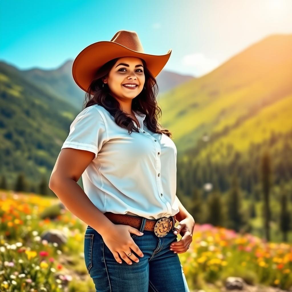 A curvy cowgirl with dark brown hair, age 35, stands confidently in a beautiful mountain setting during springtime