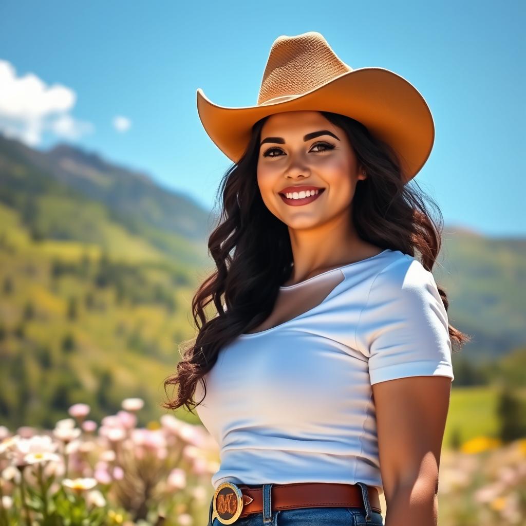 A beautiful curvy cowgirl with dark brown hair, age 35, stands confidently in a bright mountain setting during springtime