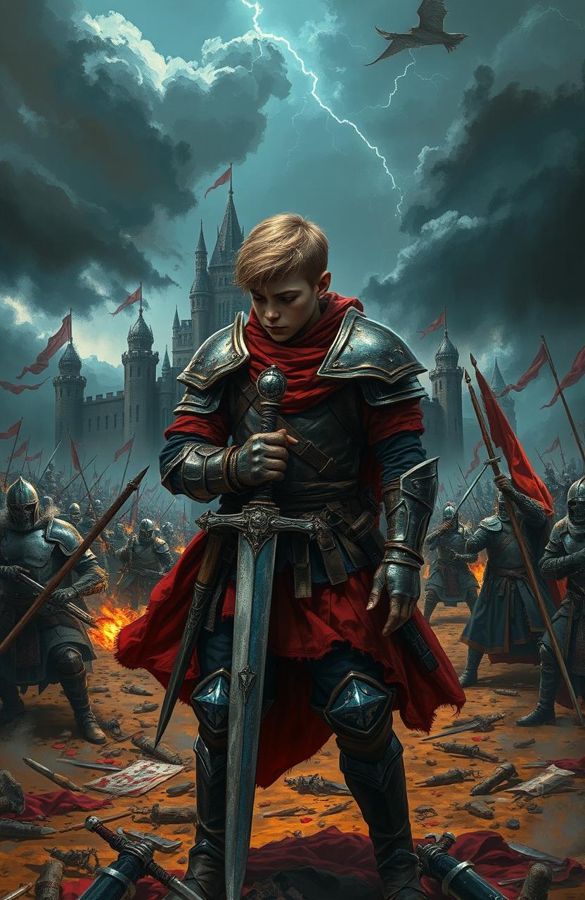 A dramatic scene depicting a fantasy kingdom in turmoil, showcasing a young male warrior grappling with the anguish of losing his family