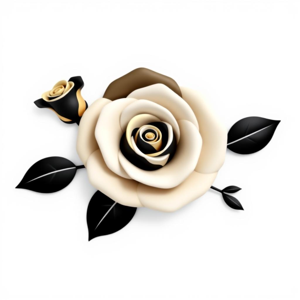 A large rose button in the center, flanked by a rose on each side, presented in a minimalist design